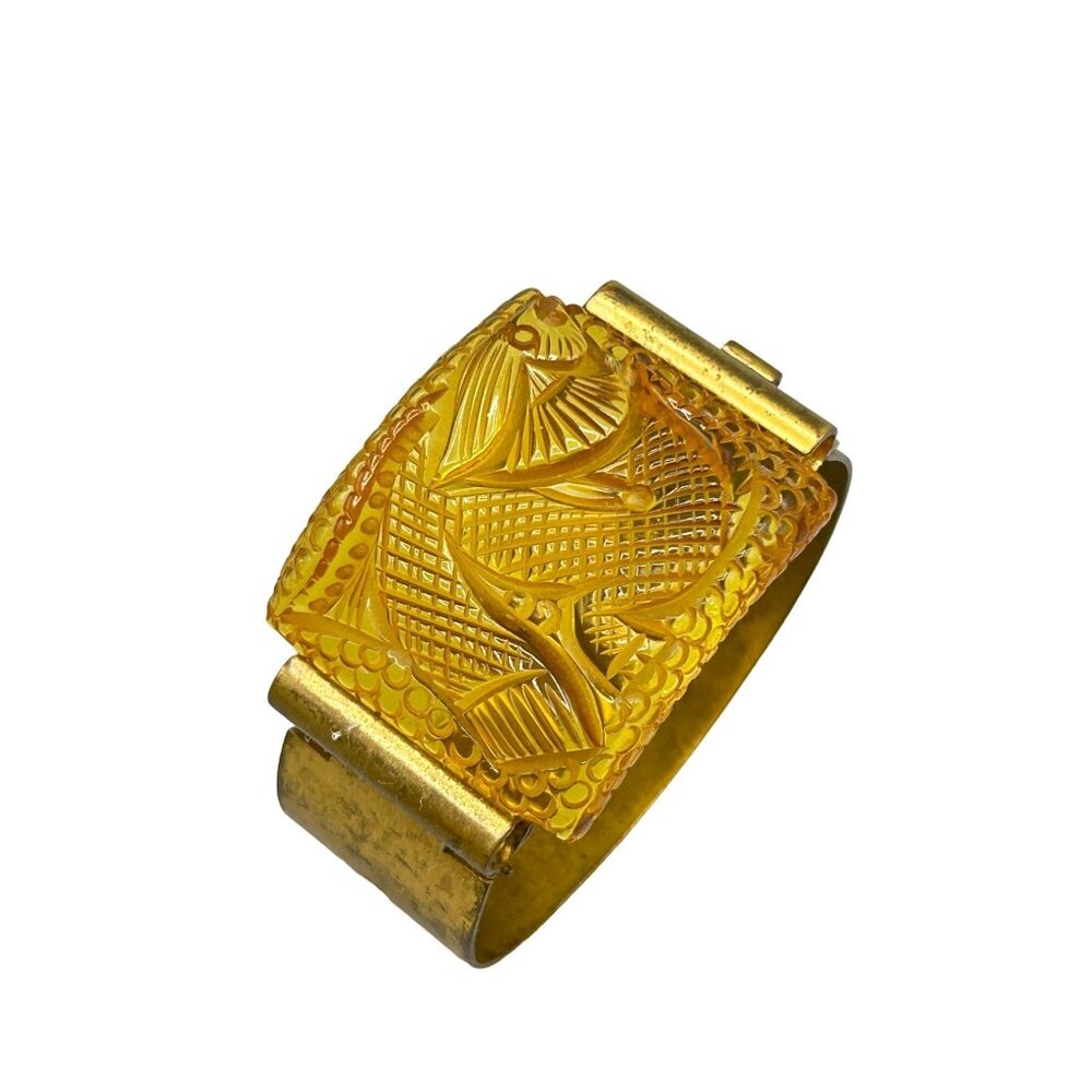Vtg French Prystal Bakelite Carved Fish Bracelet Hinged Wide Brass Band Art Deco